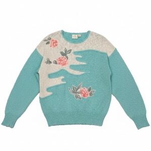 Needles & Yarn Turquoise Floral Applique Knit Sweater Size L Popcorn Texture‎